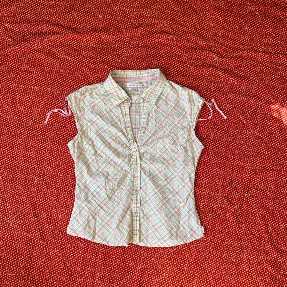 Vintage 2000s Tommy Jeans Women XL Pink Green Plaid Cap Sleeve Snap Button Top